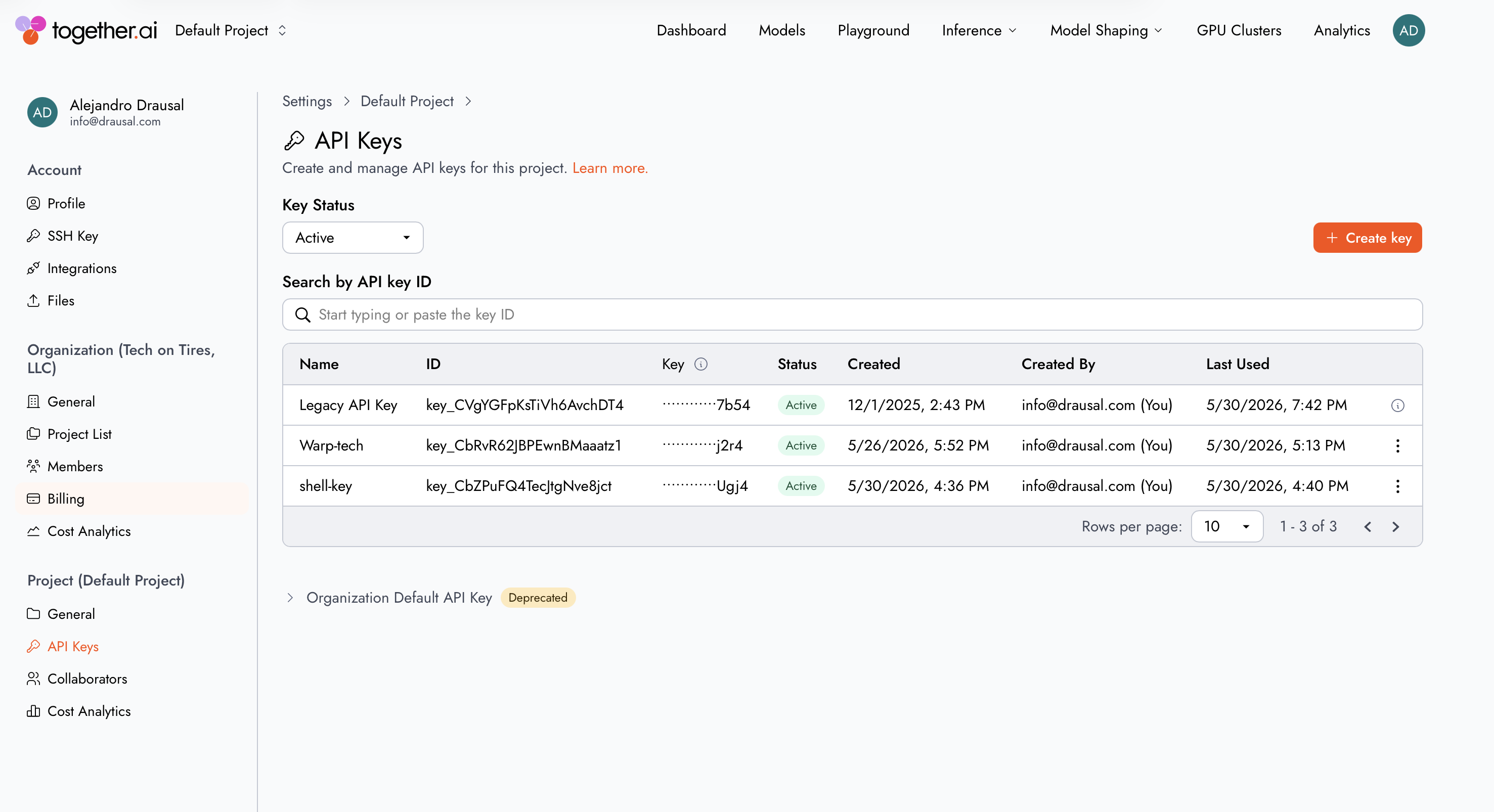 Together.ai API keys settings screen