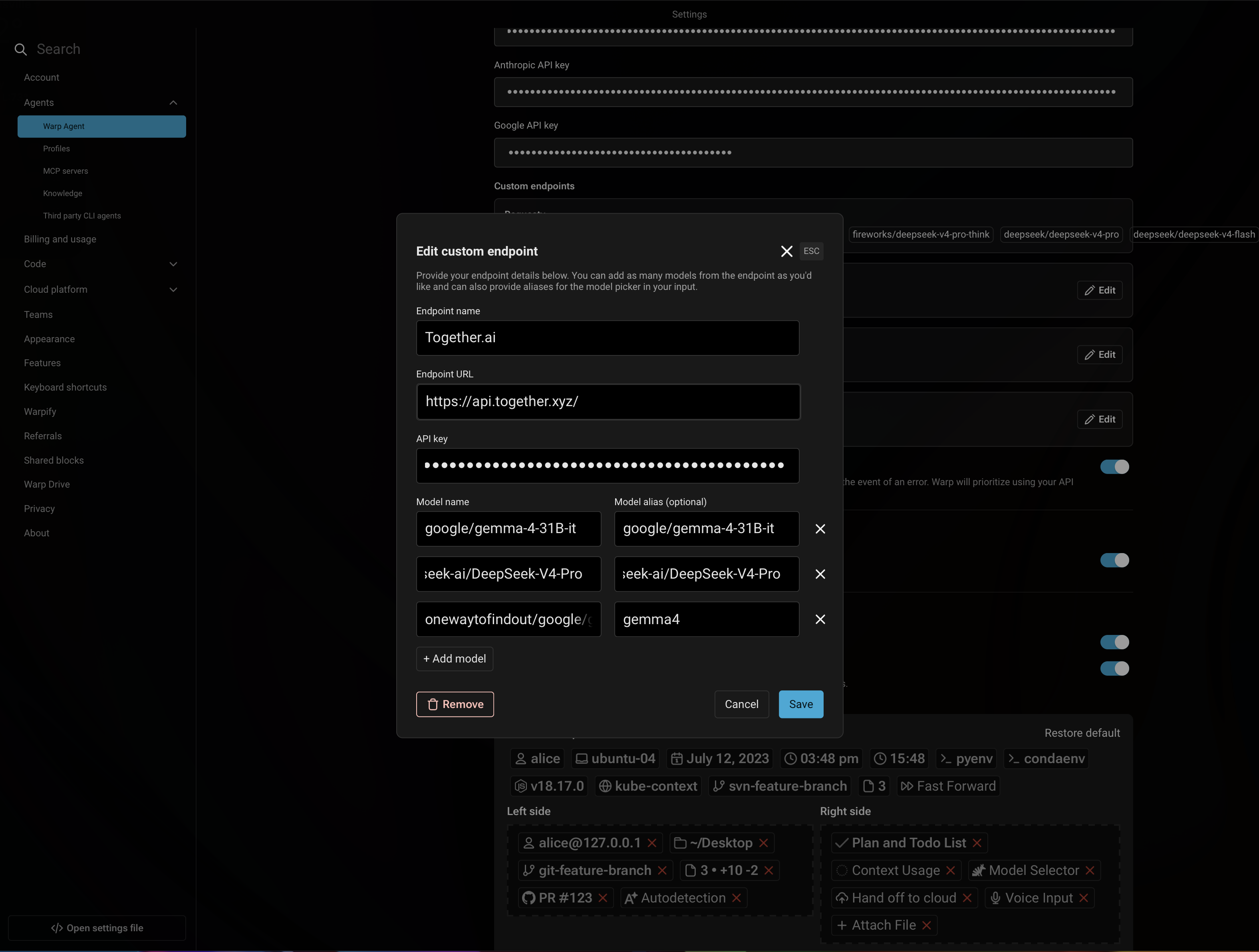 Warp terminal custom endpoint settings